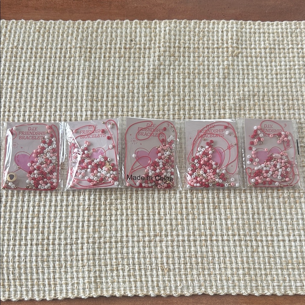 DIY Friendship Bracelets Kit - pink, white, red, gold beads, charms, & string ❤️